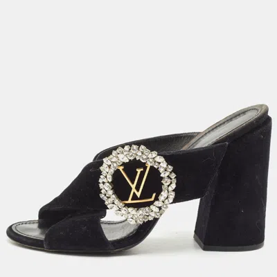 Pre-owned Louis Vuitton Navy Blue Velvet Block Heel Slide Sandals Size 40