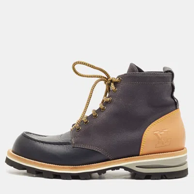 Pre-owned Louis Vuitton Navy Blue/brown Leather And Canvas Ankle Boots Size 41.5