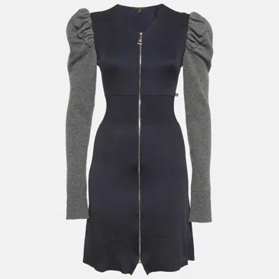 Pre-owned Louis Vuitton Navy Blue/grey Knit Zip-up Mini Dress Xs