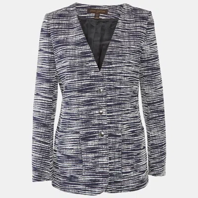 Pre-owned Louis Vuitton Navy Blue/white Tweed Button Front Jacket L