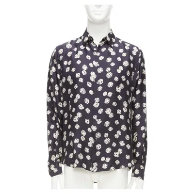Pre-owned Louis Vuitton Navy Cream 100% Silk Lv Logo Dice Print Regular Fit Shirt M In White
