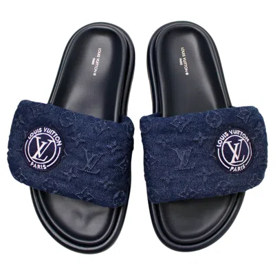 Pre-owned Louis Vuitton Navy Denim Embossed Pool Pillow Velcro Slides In Blue