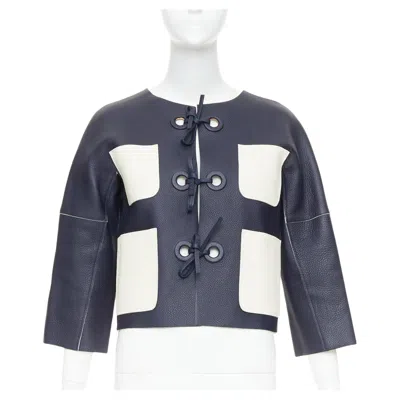Pre-owned Louis Vuitton Navy Off White Textured Leather Tie Front Jacket Fr36 M