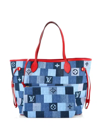 Pre-owned Louis Vuitton Neverfull Damier And Monogram Patchwork Denim Mm Tote Bag In Blue
