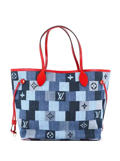 Pre-owned Louis Vuitton Neverfull Damier And Monogram Patchwork Denim Mm Tote Bag In Blue