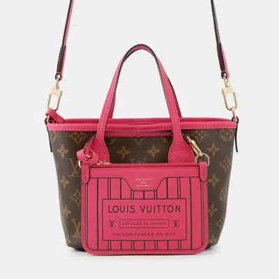 Pre-owned Louis Vuitton Neverfull Inside Out Rose Buffalo Pondichery Leather Monogram Bb Handbag In Brown