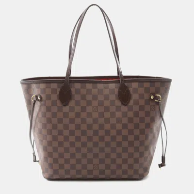 Pre-owned Louis Vuitton Neverfull Mm Damier Ebene Canvas Leather Shoulder Tote Bag In Brown