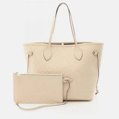 Pre-owned Louis Vuitton Neverfull Mm Ivory Monogram Empreinte Leather Tote In White