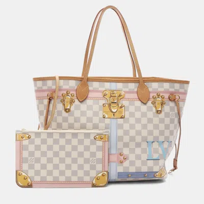 Pre-owned Louis Vuitton Neverfull Mm Summer Trunk Damier Azur White Canvas Tote