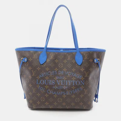 Pre-owned Louis Vuitton Neverfull Mm Tote Bag Coated Canvas And Leather With Monogram Ikat Flowers Brown Blue