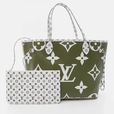 Pre-owned Louis Vuitton Neverfull Mm Tote Bag Coated Canvas Monogram Giant Khaki Beige Multicolor In Green