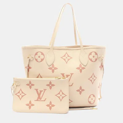 Pre-owned Louis Vuitton Neverfull Mm Tote Bag Leather Monogram Empreinte Beige Pink Rose Trianon