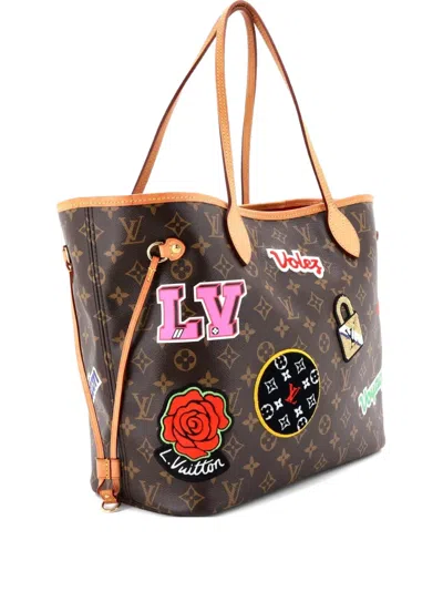 Pre-owned Louis Vuitton Neverfull Nm Limited Edition Patches Monogram Canvas Mm Tote Bag In Brown