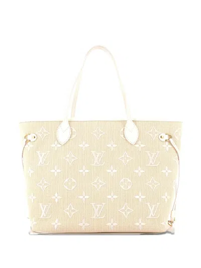 Pre-owned Louis Vuitton Neverfull Nm Monogram Giant Embroidered Cotton Mm Tote Bag In Neutral