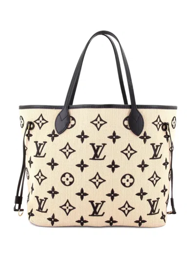 Pre-owned Louis Vuitton Neverfull Nm Monogram Giant Embroidered Cotton Mm Tote Bag In Neutral