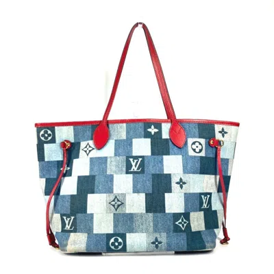 Pre-owned Louis Vuitton Neverfull Tote Damier And Monogram Patchwork Denim Blue Denim_jeans Shoulder Bag Bag (
