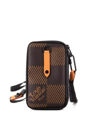 Pre-owned Louis Vuitton Nigo Double Phone Pouch Limited Edition Printed Giant Damier Crossbody Bag In Brown