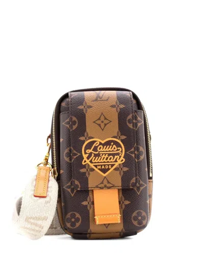 Pre-owned Louis Vuitton Nigo Flap Double Phone Pouch Limited Edition Stripes Monogram Canvas Crossbody Bag In Brown