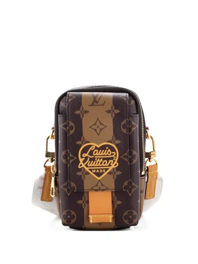 Pre-owned Louis Vuitton Nigo Flap Double Phone Pouch Limited Edition Stripes Monogram Canvas Crossbody Bag In Brown