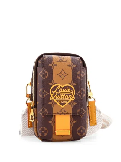 Pre-owned Louis Vuitton Nigo Flap Double Phone Pouch Limited Edition Stripes Monogram Canvas Crossbody Bag In Brown