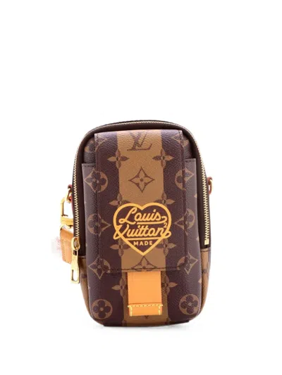 Pre-owned Louis Vuitton Nigo Flap Double Phone Pouch Limited Edition Stripes Monogram Canvas Crossbody Bag In Brown