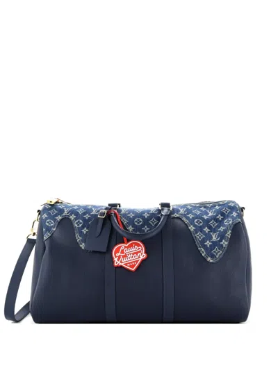 Pre-owned Louis Vuitton Nigo Keepall Bandouliere Bag Monogram Denim And Taurillon Leather 50 Travel Bag In Blue