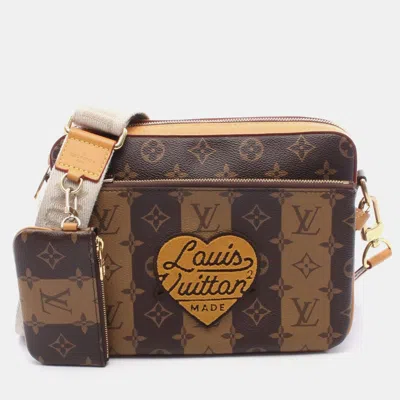 Pre-owned Louis Vuitton Nigo Trio Messenger Crossbody Shoulder Bag Monogram Stripe In Brown
