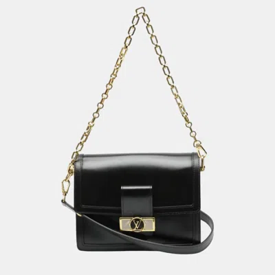 Pre-owned Louis Vuitton Noir Calfskin Dauphine Mm Lv Lock Chain Shoulder Bag In Black