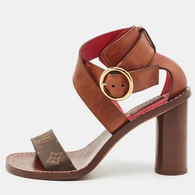 Pre-owned Louis Vuitton Ocean Drive Size 36 Brown Monogram Canvas And Leather Ankle Strap Sandals