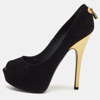 Pre-owned Louis Vuitton Oh Really! Size 36.5 Black Suede Peep Toe Platform Pumps