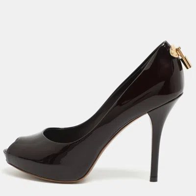 Pre-owned Louis Vuitton Oh Really! Size 36.5 Burgundy Patent Leather Peep Toe Pumps