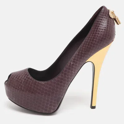 Pre-owned Louis Vuitton Oh Really! Size 37 Burgundy Python Leather Peep Toe Pumps
