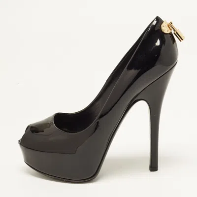Pre-owned Louis Vuitton Oh Really! Size 37.5 Black Patent Leather Platform Peep Toe Pumps
