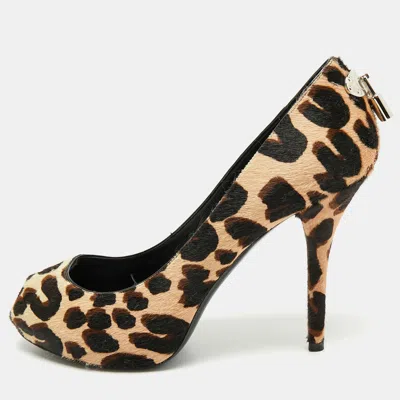 Pre-owned Louis Vuitton Oh Really! Size 38 Brown Leopard Print Calf Hair Peep Toe Platform Pumps