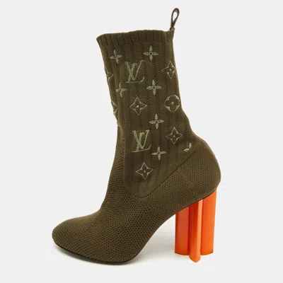 Pre-owned Louis Vuitton Olive Green Monogram Knit Fabric Silhouette Ankle Boots Size 36