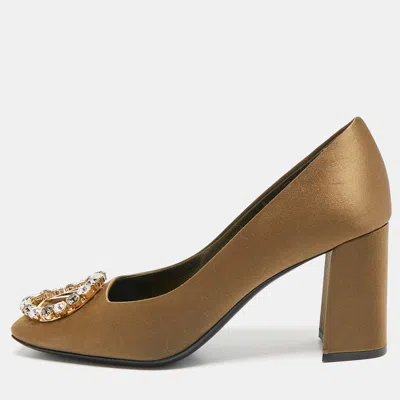 Pre-owned Louis Vuitton Olive Green Satin Crystal Embellished Madeleine Pumps Size 37.5
