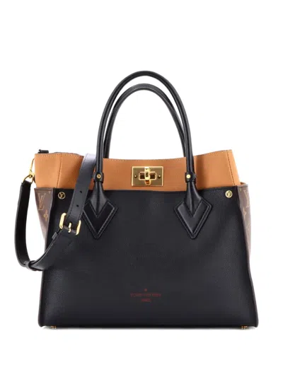 Pre-owned Louis Vuitton On My Side Leather With Monogram Canvas Mm Tote Bag In Black