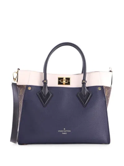Pre-owned Louis Vuitton On My Side Leather With Monogram Canvas Mm Tote Bag In Blue
