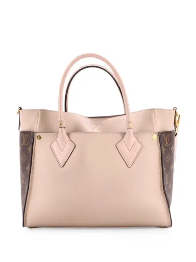 Pre-owned Louis Vuitton On My Side Leather With Monogram Canvas Mm Tote Bag In Brown