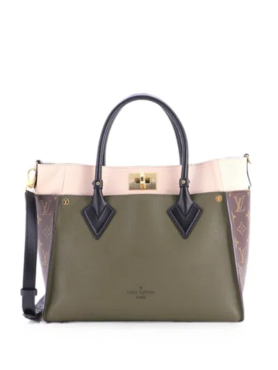 Pre-owned Louis Vuitton On My Side Leather With Monogram Canvas Mm Tote Bag In Green