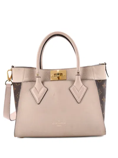 Pre-owned Louis Vuitton On My Side Tote Leather With Monogram Canvas Pm Shoulder Bag In Neutral