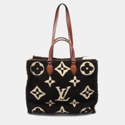 Pre-owned Louis Vuitton On The Go Gm Tote Bag Leather Shearling Monogram Teddy Brown Beige In Sand