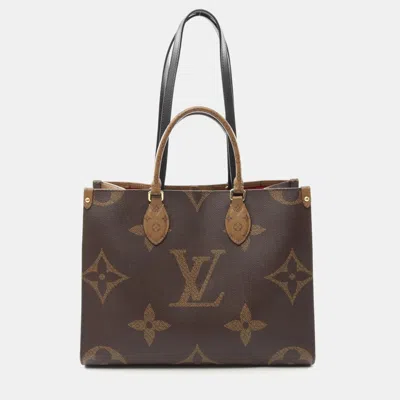 Pre-owned Louis Vuitton On The Go Mm Monogram Giant Reverse Tote Bag Coated Canvas Leather Brown Beige