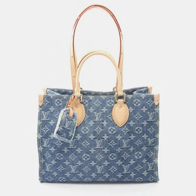 Pre-owned Louis Vuitton On The Go Mm Tote Bag In Monogram Denim And Leather Blue/brown