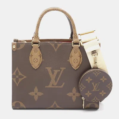 Pre-owned Louis Vuitton On The Go Pm Handbag Coated Canvas Monogram Reverse Brown Beige In Sand