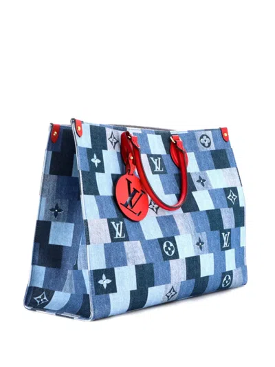 Pre-owned Louis Vuitton Onthego Damier And Monogram Patchwork Denim Gm Tote Bag In Blue