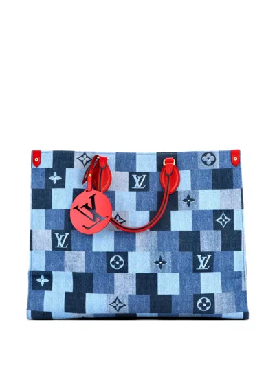 Pre-owned Louis Vuitton Onthego Damier And Monogram Patchwork Denim Gm Tote Bag In Blue