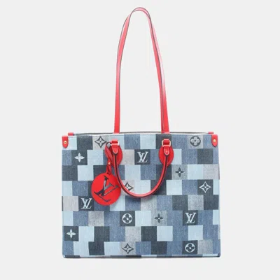 Pre-owned Louis Vuitton Onthego Gm Blue Monogram Denim Leather Tote Bag