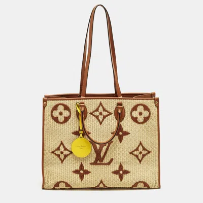 Pre-owned Louis Vuitton Onthego Gm Tan Monogram Giant Raffia And Leather Tote In Brown