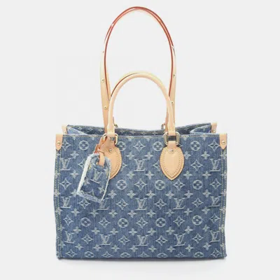 Pre-owned Louis Vuitton Onthego Mm Blue Monogram Denim Tote Bag
